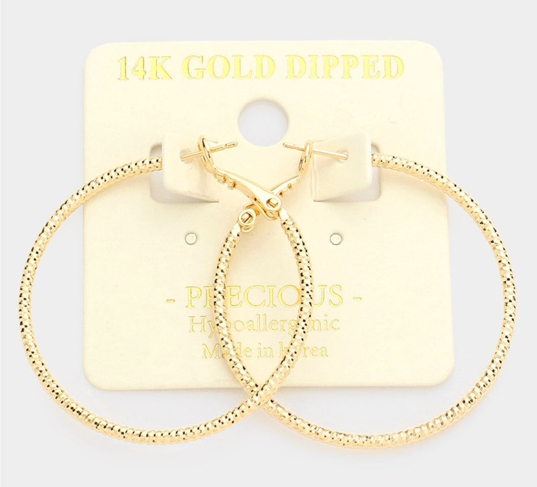 14K Gold Dipped Textured Metal Hoop Earrings