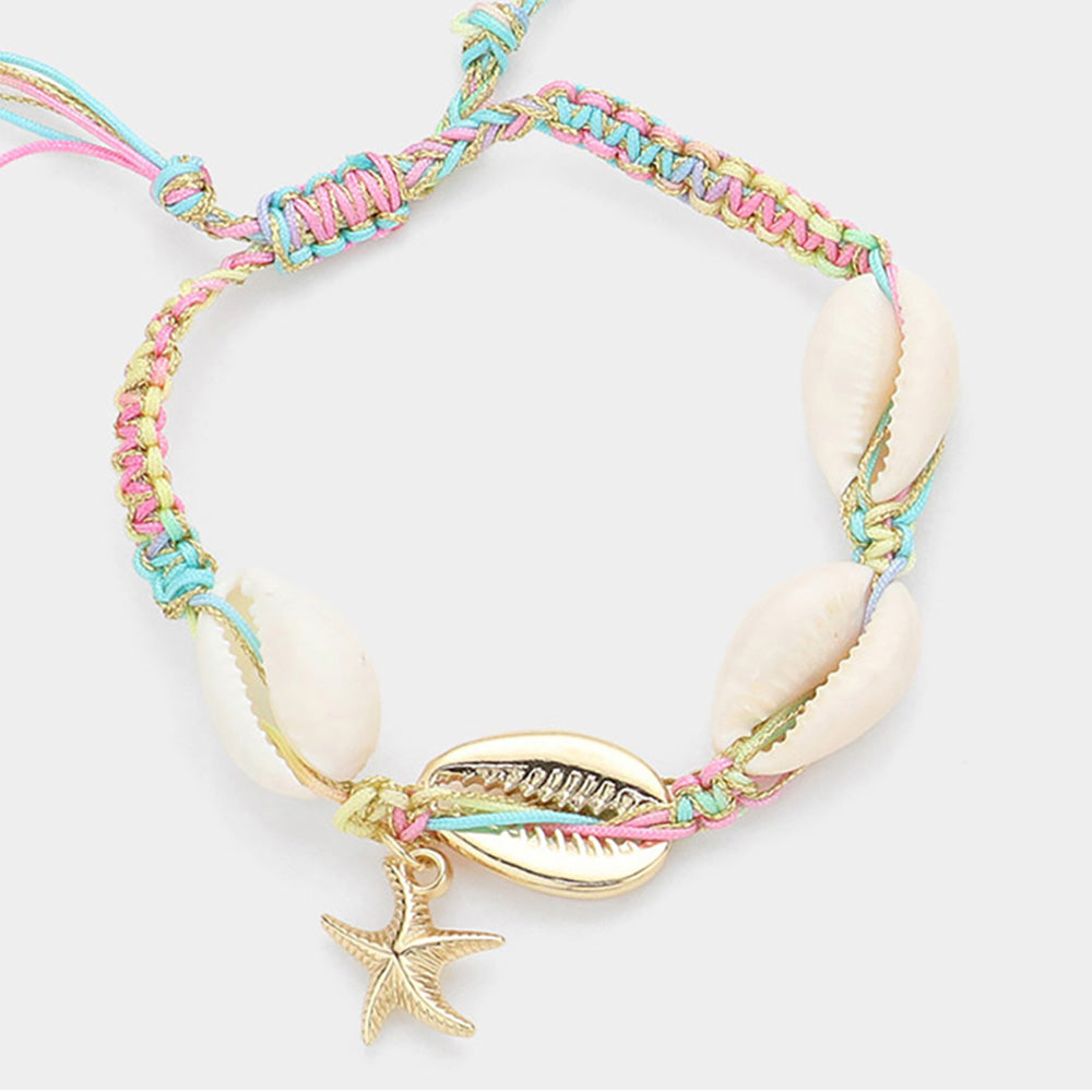 Puka Shell Starfish Pull Tie Bracelet - Gold