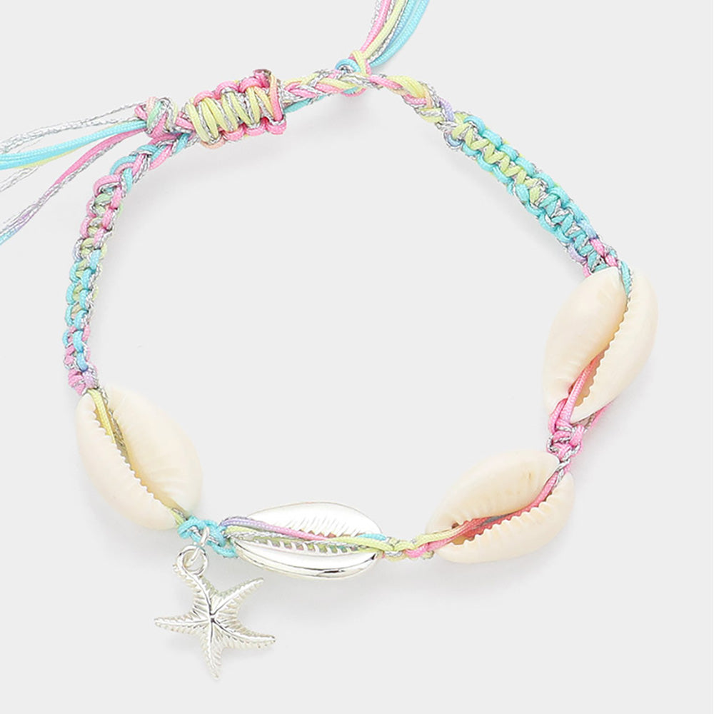 Puka Shell Starfish Pull Tie Bracelet - Silver